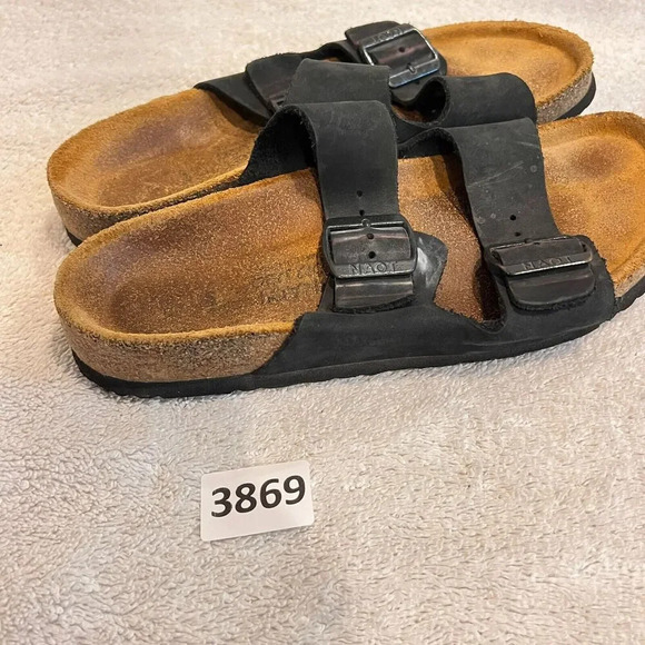 Naot Unisex Black Leather Two Straps Sandals 9" Buckle Slider Sz 36 / 36.5? - Picture 4 of 10
